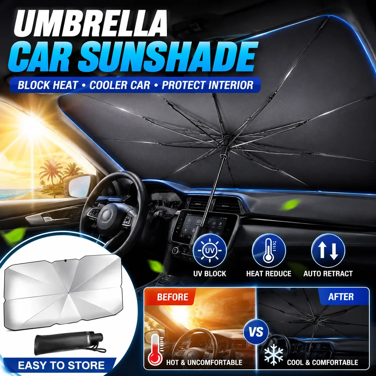 مظلة سيارة قابلة للطي، واقي شم - مراجعة Car Sunshade Windshield Umbrella Foldable وسعره